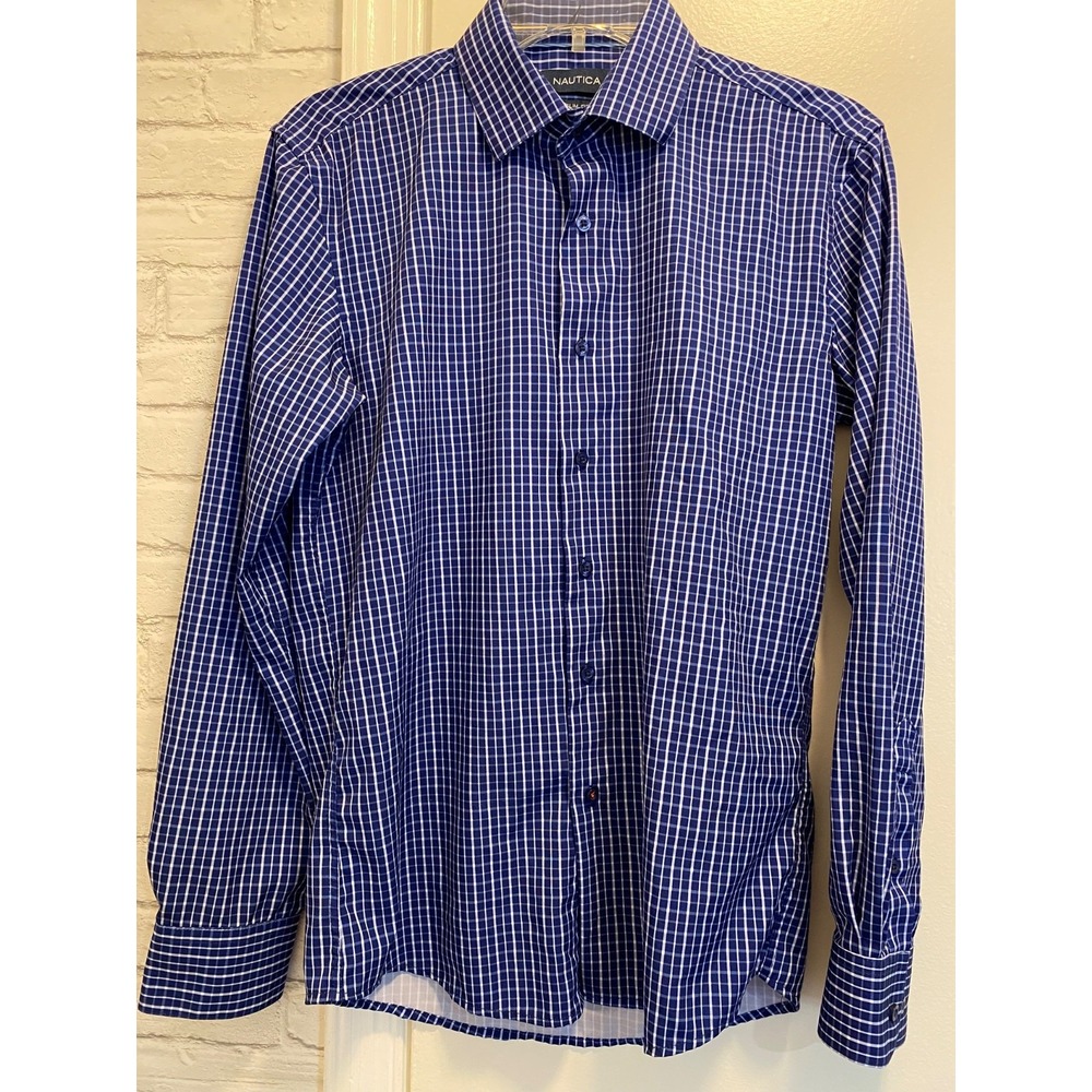 Nautica Mens Shirt Size Small Blue Plaid Slim Fit Wrinkle Resistant lightweight